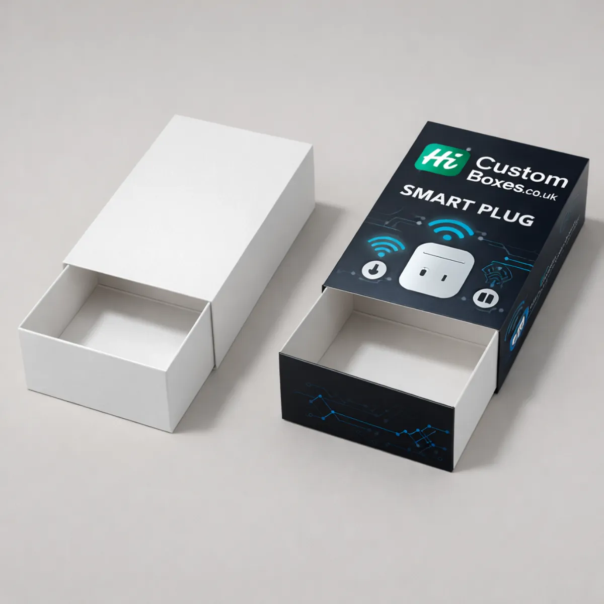 Two drawer-style slide boxes, one plain white and one featuring black 'Hi Custom Boxes' branding and graphics. class=